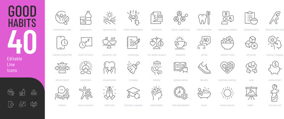 Good Habits Line Editable Icons set. Vector illustration in modern thin style of healthy lifestyle related icons: activity, healthy food, stress management, and more. Isolated on transparent backgroun