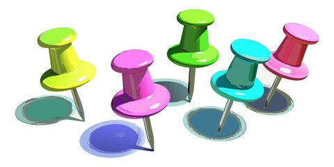 Colorful Push Pins 3D Illustration &ndash; Office Stationery Concept