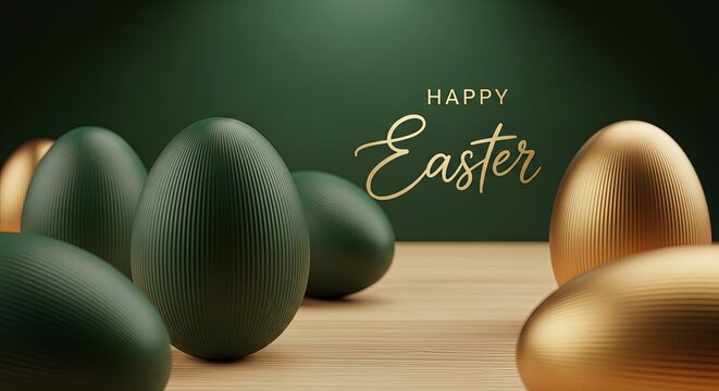 Green and gold textured Easter eggs on wooden table with Happy Easter text on green background for holiday greeting