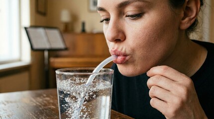 Woman blowing bubbles in water with straw at home, a calming and mindful activity for relaxation