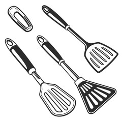 Various spatulas and a handle for kitchen use solid black and white illustrations kitchen cooking tools set © Monira