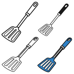 Set of four kitchen spatulas in outline and filled versions with black and blue handles cooking tools collection © Monira
