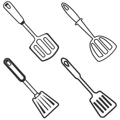 Four different kitchen spatulas set in outline style cooking tools for home and professional kitchen use illustrations © Monira