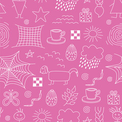 Seamless doodles. People, dog, sun, stars and other elements in hand drawn style for concept design. Vector template for decoration. Isolated on pink background