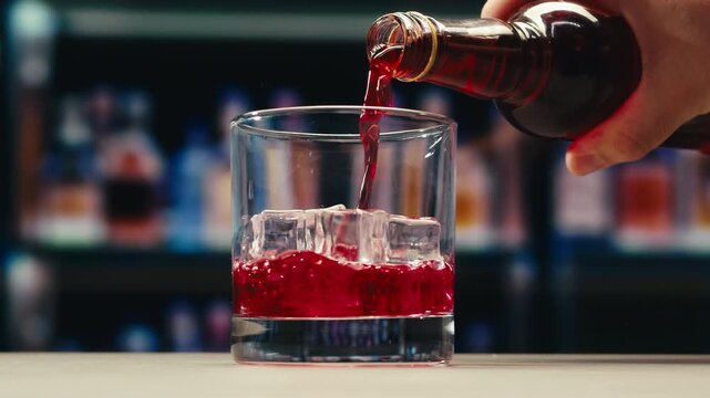 Vermouth Negroni, spanish wine drink, Alcoholic Americano Cocktail bitter, sweet vermouth and soda water, close up of making drink, summer spanish vacations. 