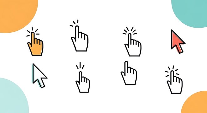 A colorful illustration of various hand cursor icons on a white background with abstract shapes