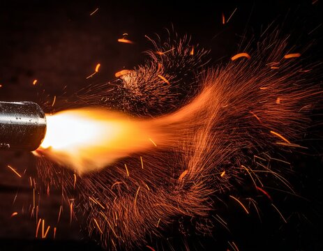 dark background flaming rifle muzzle shooting fire military weapon night scene high contrast intense lighting metallic gun barrel tactical firearm sparks flying muzzle flash dramatic illumi