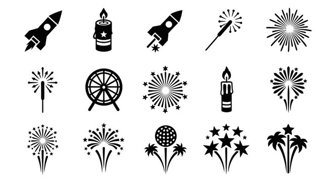 Collection of fireworks and pyrotechnic icons in various styles and designs displayed together