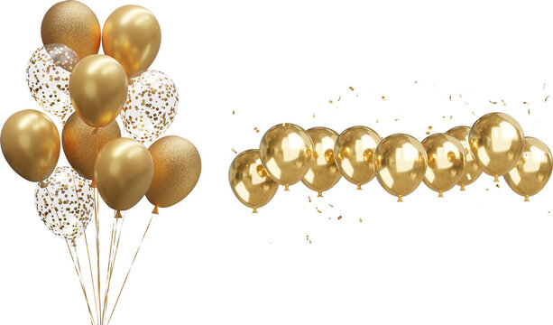 Bouquet, bunch of realistic transparent, golden balloons and gold ribbons, serpentine, confetti for card, party design, flyer, poster balloon balloon gold gift anniversary happy ribbon celebrate 