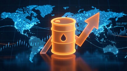 3D conceptual illustration of a glowing oil barrel with upward arrow and world map background, symbolizing energy price increase and global economic impact.