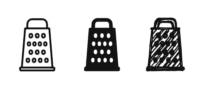 Kitchen grater icon set. Food preparation and cooking utensil symbol in outline, solid, and hand-drawn styles.