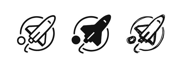Obraz premium Rocket and Space Orbit Icons Set. Spacecraft Exploration, Travel, and Universe Symbols in Three Styles.