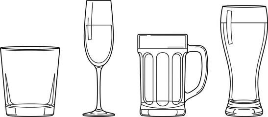 Set of professional glassware icons featuring a whiskey glass champagne flute beer mug and pilsner glass in clean black line art vector style. © Dipali