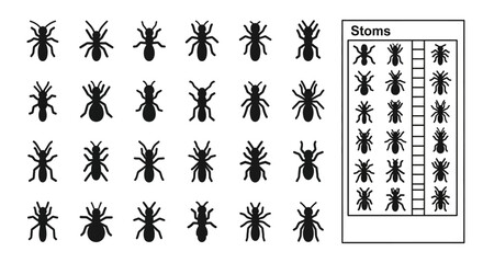 Collection of various black insect silhouettes arranged in a grid pattern with a key on the right side © Charlie
