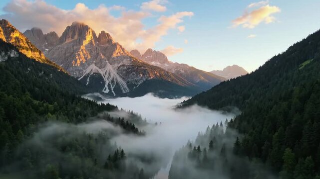 Majestic mountain peaks bathed in golden sunrise light pierce through thick valley fog footage showing serene natural motion