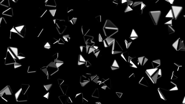 High contrast 3D render of metallic triangular shapes suspended in dark space forming an abstract futuristic pattern with depth of field and dynamic composition