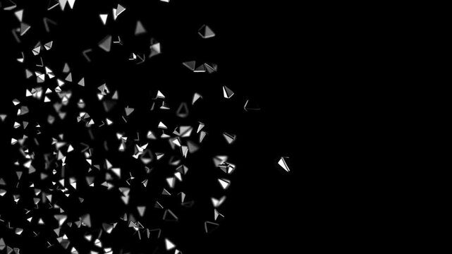 High contrast abstract scene of metallic triangular fragments dispersed in black space forming a dynamic floating pattern with depth blur and modern futuristic aesthetic