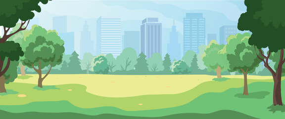 City park in a metropolis with trees backdrop of skyscrapers. A cozy beautiful park in the city center. Public garden landscape view. Summer green grass, town buildings on skyline