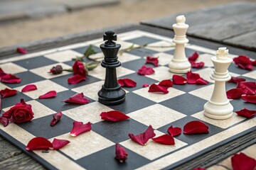three chess pieces on chessboard with rose petals. Polygamous relationship concept