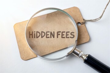 Hidden fees text under magnifier on price tag. Pricing transparency issue