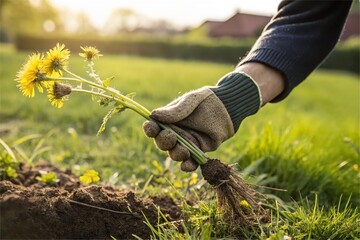 Gloved hand pull dandelion with root from soil. Garden weed control