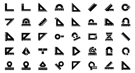 Collection of various geometric shapes and tools displayed in a grid pattern on a plain background from a straightforward viewpoint