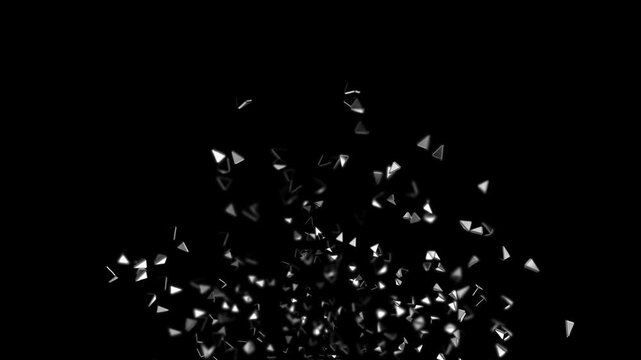 Dynamic composition of glossy triangular shards floating and scattering in dark space with high contrast lighting creating a futuristic abstract background with depth and motion