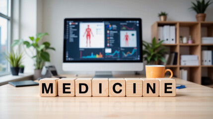 Fototapeta premium Medicine healthcare management with patient data dashboard for clinic planning, medical research and diagnosis workflow showing health metrics for treatment decisions and care services