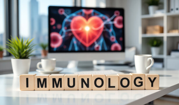 Immunology headline for immune system research and patient care, medical message for vaccine and allergy services with antibody testing, autoimmune disease information for clinics and labs