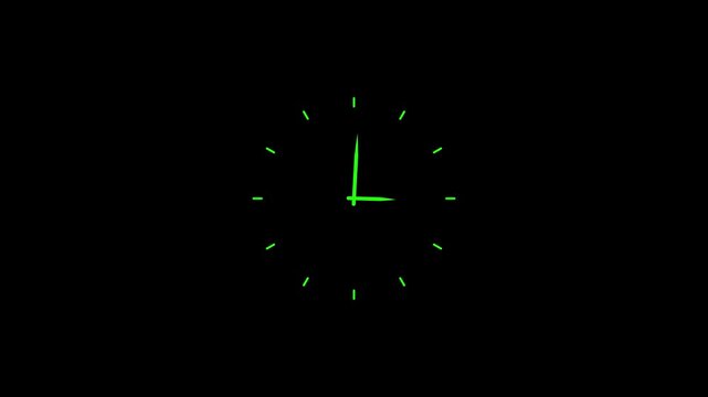 Neon green clock on black background ticking seconds