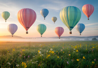 Obraz premium Colorful hot air balloons flying over a field at sunrise