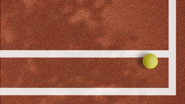 Yellow tennis ball resting on clay court corner near white boundary lines with wide copy space sports background horizontal 4K footage