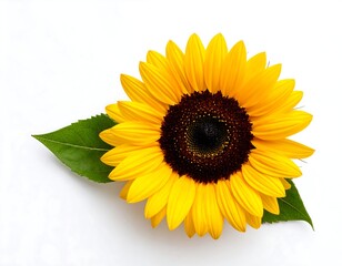 Obraz premium Sunflower with Green Leaves on White Background.