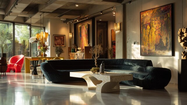 Contemporary living room with bold artistic flair, sculptural furniture, vibrant modern art pieces, statement lighting, extravagant, creative yet minimal aesthetic, natural sunlight, retrofuturistic