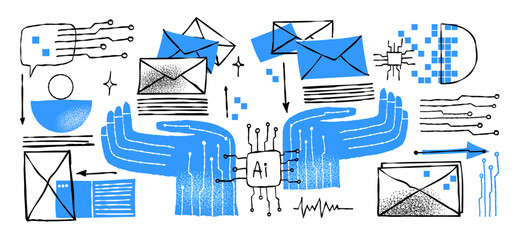 AI Email Agent Automation Concept With Robotic Hands Processing Digital Mail Messages