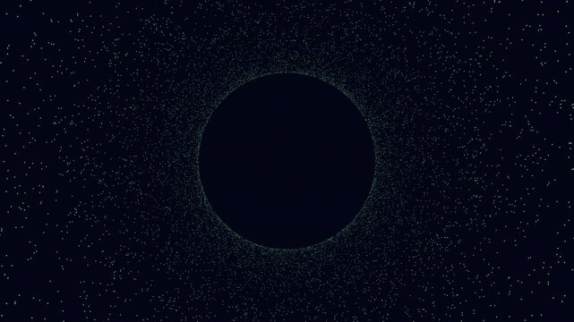 Starfield space background with dark circular void and swirling particle halo