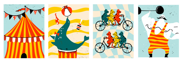Retro Circus Vintage Show Collection With Strongman Cats On Bicycle And Seal