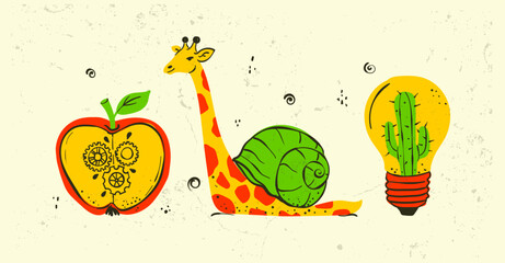Surreal Animals Abstract Metaphor Doodle Concept With Giraffe Snail And Mechanical Apple