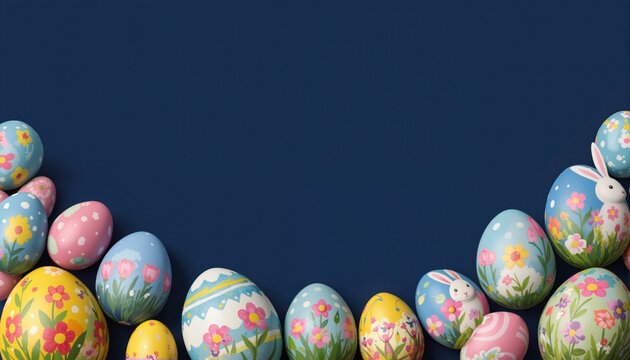 dark blue easter banner with painted eggs - copyspace mockup template
