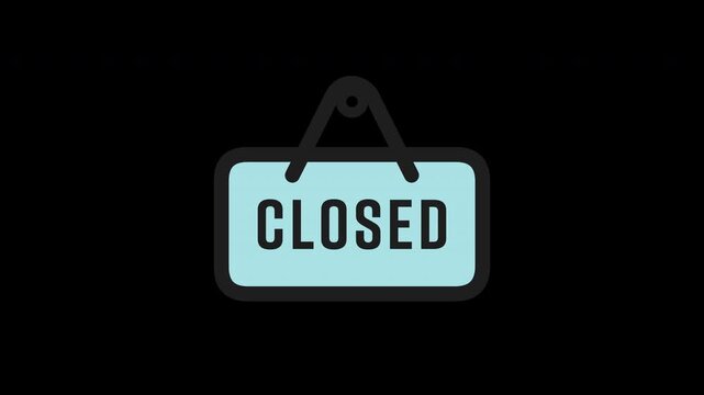 2D Animation of Business Closed Hanging Sign, Transparent Background. Flat Line Art Closed Icon Animation with Light Blue Fill, Loop