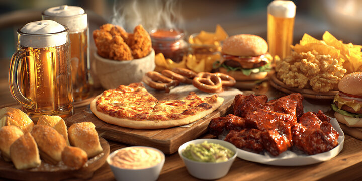 Assorted party food including pizza, chicken, and beers on wooden table  