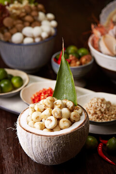 Closeup of a hot pot ingredient, Water chestnuts in coconut shell