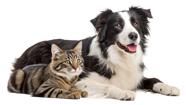 Border Collie dog and tabby cat isolated PNG, adorable pets lying down together on transparent background
