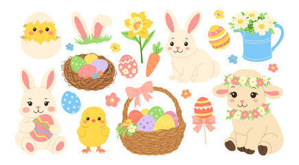 Cute bunnies and chicks share a joyful Easter scene. Colorful eggs nestle in baskets and cups. Flowers, carrots, and pastel decor complete the charm. Bunny faces radiate gentle, happy expressions © MariiaMart
