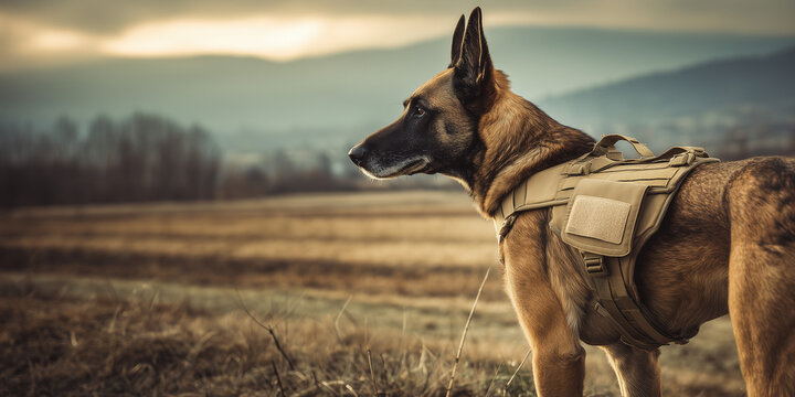 Working military dog standing alert in a vast outdoor landscape  