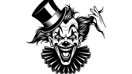 Scary Clown Face Black and White Illustration