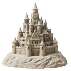 Obraz premium Intricate sandcastle resembling a grand fantasy castle with turrets and towers on a beach
