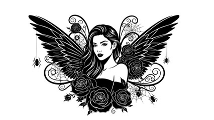 Gothic Fairy with Black Wings, Roses, and Spiders - Vector Illustration