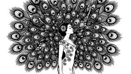 Elegant Woman with Elaborate Peacock Feather Fan - Black and White Illustration