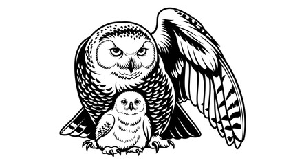 Majestic Snowy Owl Parent Protecting Adorable Chick, Black and White Line Art